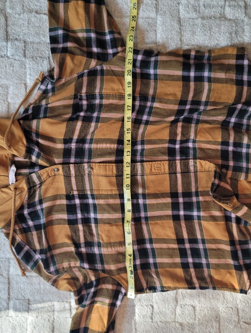 Plaid Flannel Hoodie Mustard Black 90s Grunge Streetwear Women's Size XL - Picture 6 of 9